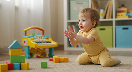 Baby clapping to music in playroom with toy piano and colorful blocks, early childhood development and musical engagement