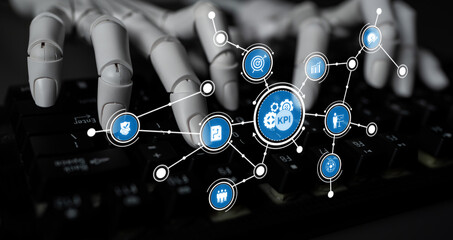 Naklejka na ściany i meble A robotic representation shows hands typing on a keyboard, accompanied by an infographic of KPIs, symbolizing advanced data analysis and innovative technology insights. Tessel Naklejka na ściany i meble A robotic representation shows hands typing on a keyboard, accompanied by an infographic of KPIs, symbolizing advanced data analysis and innovative technology insights. Tessel