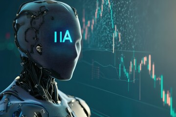 Robotic figure analyzing stock market data with digital graphs in the background