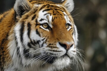 Fototapeta premium A breathtaking close-up portrait captures the majestic essence of a large wild cat, showcasing its distinctive and beautiful facial features. The animal's striking orange, black, and white striped fur