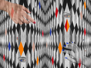 Surreal composition of human hands and eyes inside geometric black and white rhombus pattern with vivid colors, symbol of perception, illusion and inner vision