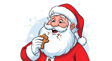 A cheerful cartoon Santa Claus enjoying a delicious gingerbread man cookie. A festive vector illustration perfect for the Christmas holiday season