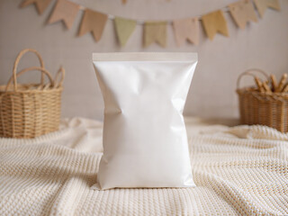 Natural Snack Packaging Mockup with Blank Bag and Rustic Wicker Baskets