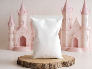 Princess Castle Snack Packaging Mockup with Blank Bag on Wooden Stand