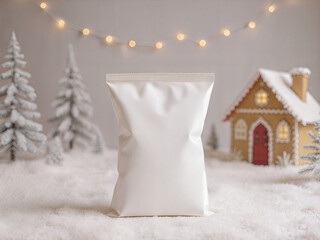 Winter Snack Packaging Mockup with Blank Bag and Gingerbread House
