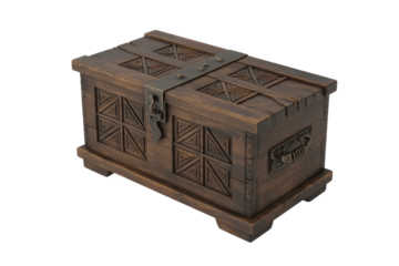 A rustic dark wood treasure chest with ornate carvings and antique metal hardware, perfect for storage or decorative use. background removed