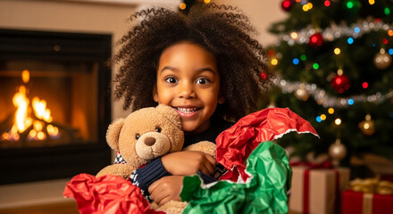 Surprised child hugging teddy bear with Christmas gift wrapping in cozy living room, holiday joy and celebration