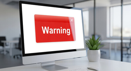 Pop-up warning on computer screen in modern office, cybersecurity alert and information safety