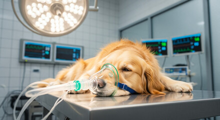Dog lying on operating table in veterinary clinic with oxygen mask, veterinary surgery and pet healthcare