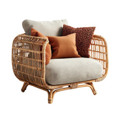 A comfortable wicker armchair featuring soft cushions enhances any living space with its modern design