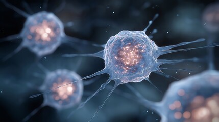 Microscopic digital scene of transparent cytoplasm and filamentous actin structures forming networks around a nucleus, representing cellular mechanics, tissue biology, and modern biotechnological