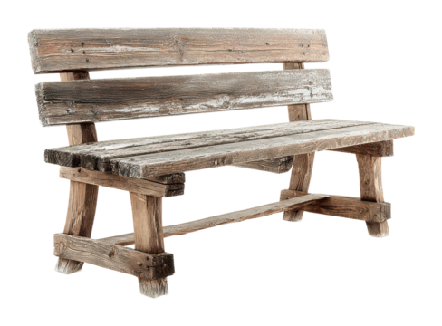 Natural wooden bench in park furniture rustic environment isolated on transparent background