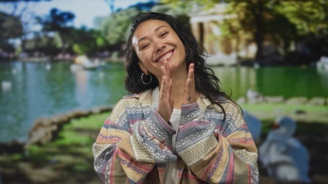 Young woman hispanic with hands on cheeks and open mouth clapping in park by a green pond, wearing patterned jacket and hoop earrings; joy.