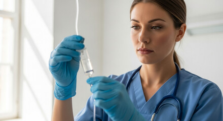 Nurse checking IV line in hospital room, female healthcare professional adjusting intravenous drip with focus and precision