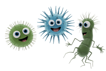 Three cheerful cartoon microbes: a green spiky sphere, a blue spiky sphere, and a green rod-shaped bacterium, all happily smiling. background removed