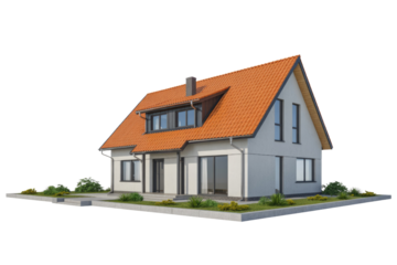 Modern detached house with a striking orange tiled roof, white facade, dark windows, and clean landscaping, rendered against a transparent background. background removed