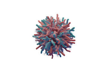 Fototapeta premium A detailed 3D rendering of a microscopic cell or virus, featuring numerous red and blue-green projections, and intricate white filamentous structures. background removed