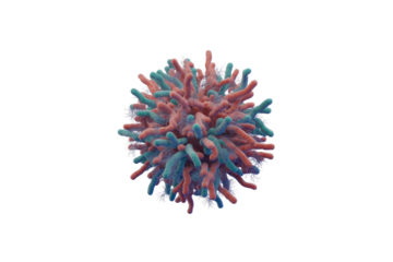 A detailed 3D rendering of a microscopic cell or virus, featuring numerous red and blue-green projections, and intricate white filamentous structures. background removed