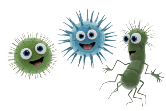 Three cheerful cartoon microbes: a green spiky sphere, a blue spiky sphere, and a green rod-shaped bacterium, all happily smiling. background removed - Powered by Adobe