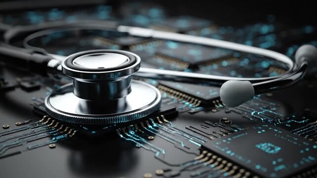 Stethoscope Resting on Circuit Board Medical Concept for Tech Integration of Health Industry Futuristic Healthcare Diagnostic Tools in Dark Environment with Soft Lighting