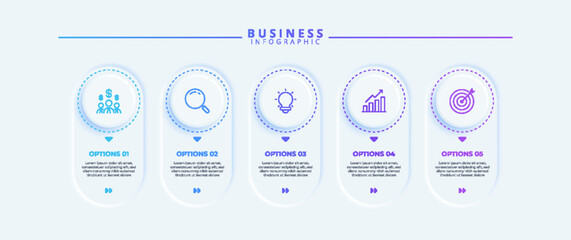 Infographic design with five steps and icons, tailored for business use. Suitable for presentations, banners, workflows, process diagrams, flowcharts, and data visualization.