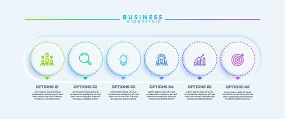 Infographic design with six steps and icons, tailored for business use. Suitable for presentations, banners, workflows, process diagrams, flowcharts, and data visualization.