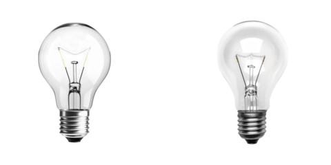 Two clear incandescent light bulbs with filaments side by side on transparent background Generative AI