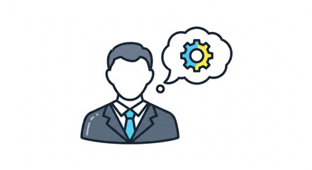 Man thinking about business solutions and strategy development with gear in speech bubble idea concept