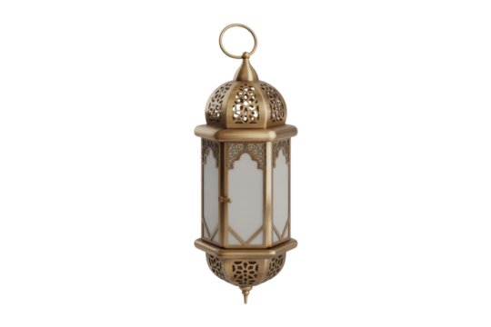 An elegant ornate brass lantern featuring intricate Islamic-inspired patterns and opaque panels, perfect for festive and decorative lighting. background removed