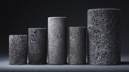 Five cylindrical columns lined up. The columns are made of dark material. The background has a dark color