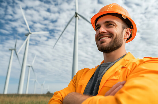 Engineer in hard hat overseeing wind turbines in operation, contributing to renewable energy. Confident with arms crossed, the worker is a symbol of green energy.