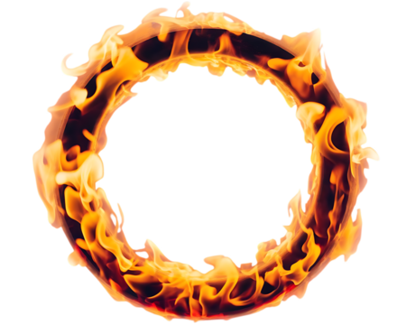 Fiery ring of orange and yellow flames, swirling in a circular motion, cutout, PNG isolated on white or transparent background