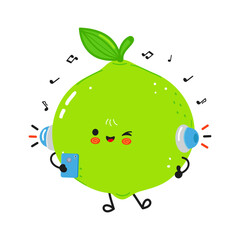Cute lime cartoon character listening to music