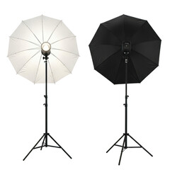 Studio lighting equipment featuring white and umbrellas photography on stands isolated on transparent background
