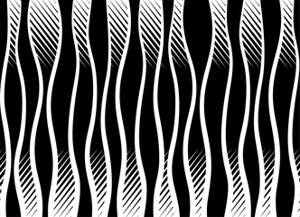 Vector black and white pattern for interior, advertising, packaging, covers, printing. Vertical wavy lines. Abstract grass, hair. Modern striped vector background