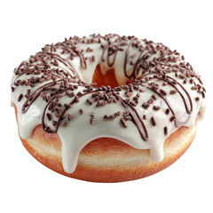 A chocolate frosted donut with white icing and chocolate sprinkles sits on a plain background, ready to be enjoyed