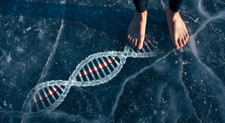 Barefoot person on frozen lake with glowing ice DNA strand, concept of biohacking and cold exposure therapy