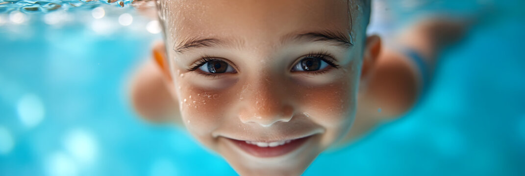 Underwater adventure! A young boy swims in clear blue water, his face beaming with joy. Sparkling eyes and a wide smile capture the pure fun of summer swimming.