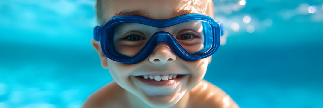 A young boy swims underwater, his face beaming with a wide, happy smile. He's wearing bright blue goggles, and the clear water glistens around him, capturing a pure moment of joy.