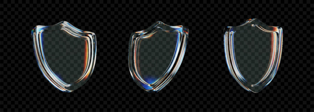 Set of 3D transparent glass shield icon with holographic gradient and light refraction effects on a dark background. Modern security, privacy protection, and data defense symbol.