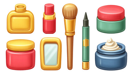Colorful Cosmetic Illustration with Makeup Containers and Beauty Tools on Transparent Background