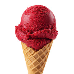 A vivid red sorbet sits atop a crispy waffle cone, showcasing its smooth texture in clear light