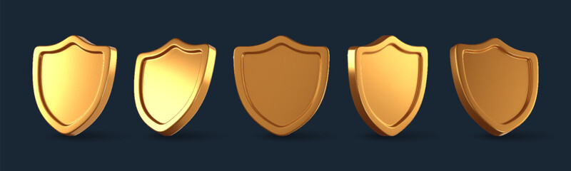3D realistic golden shield icons set. Glossy metal protection badges symbolizing security, defense, privacy, and safety. Luxurious golden armor emblems isolated on white. Vector illustration.
