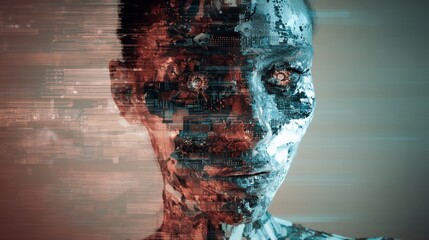 Futuristic cyborg conceptual art with digital and robotic elements.