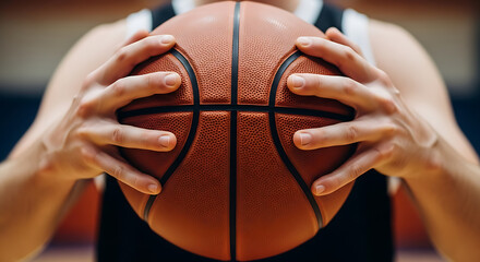 Close-up of a person's hands holding a regulation orange basketball on a blurred court background, ready for play.