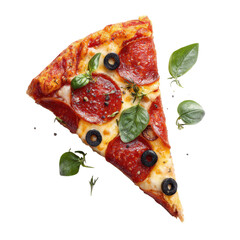 A tasty slice of pepperoni pizza features olives and fresh basil on a clean surface, perfect for a quick meal