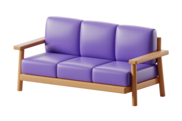 A modern 3D render of a three-seater sofa with vibrant purple cushions and a sleek wooden frame, ideal for contemporary design assets. background removed