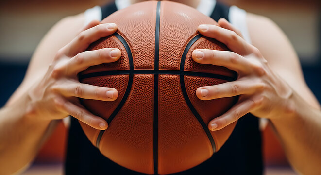 Close-up of a person's hands holding a regulation orange basketball on a blurred court background, ready for play. - Powered by Adobe