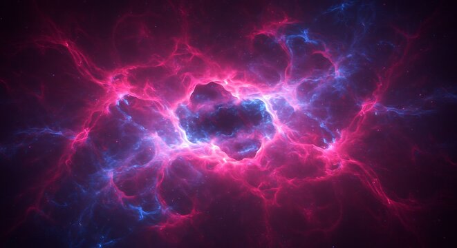 A swirling nebula of pink and blue light surrounds a dark central void