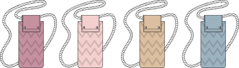 Chic and practical collection of mobile phone holder bags with a stylish chevron pattern and neck strap, presented in a set of four pastel colors